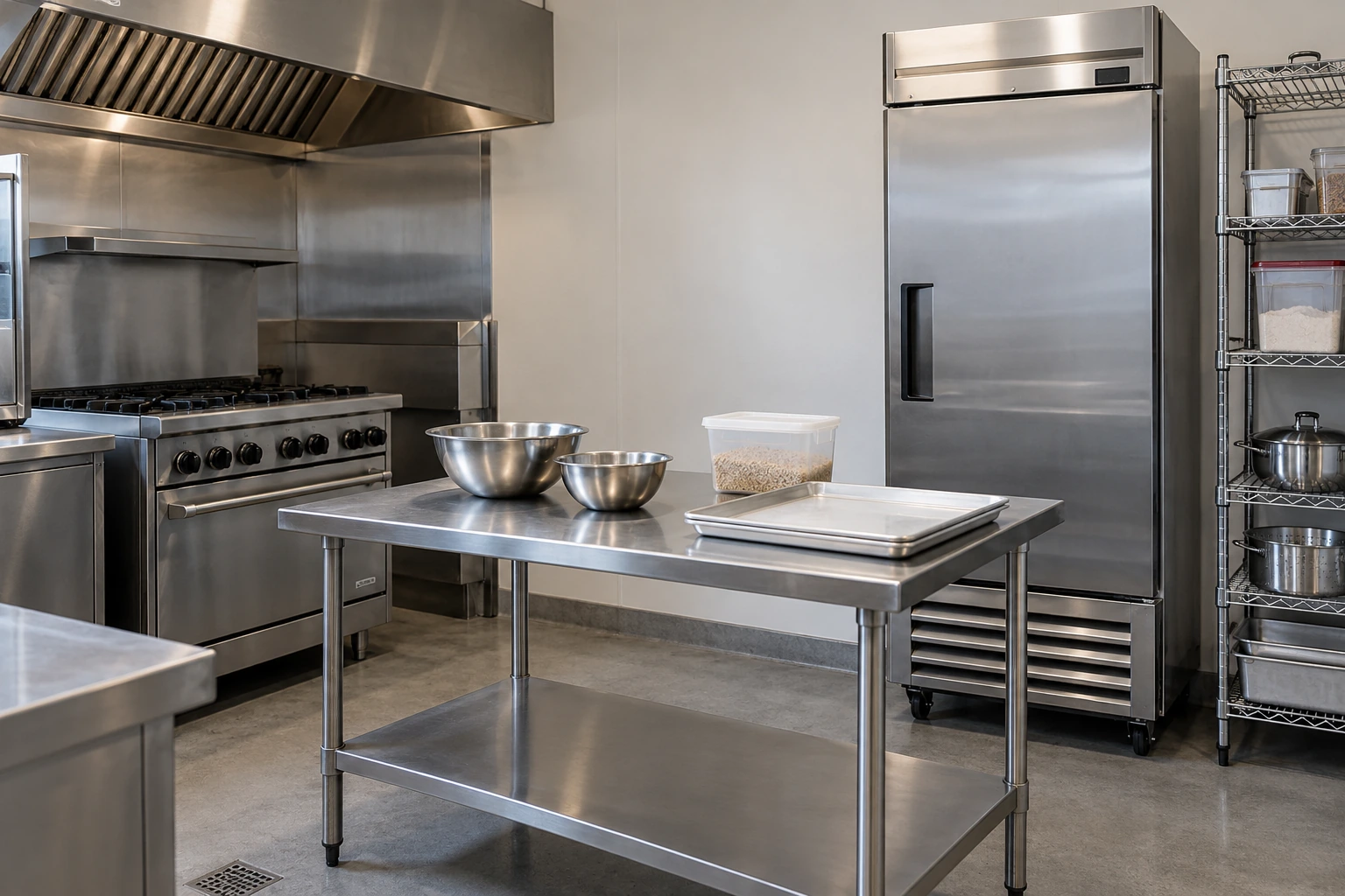 Commercial restaurant equipment for Miami kitchens, including a cooking range, refrigerator, prep table, and storage supplies Commercial restaurant equipment for Miami kitchens, including a cooking range, refrigerator, prep table, and storage supplies